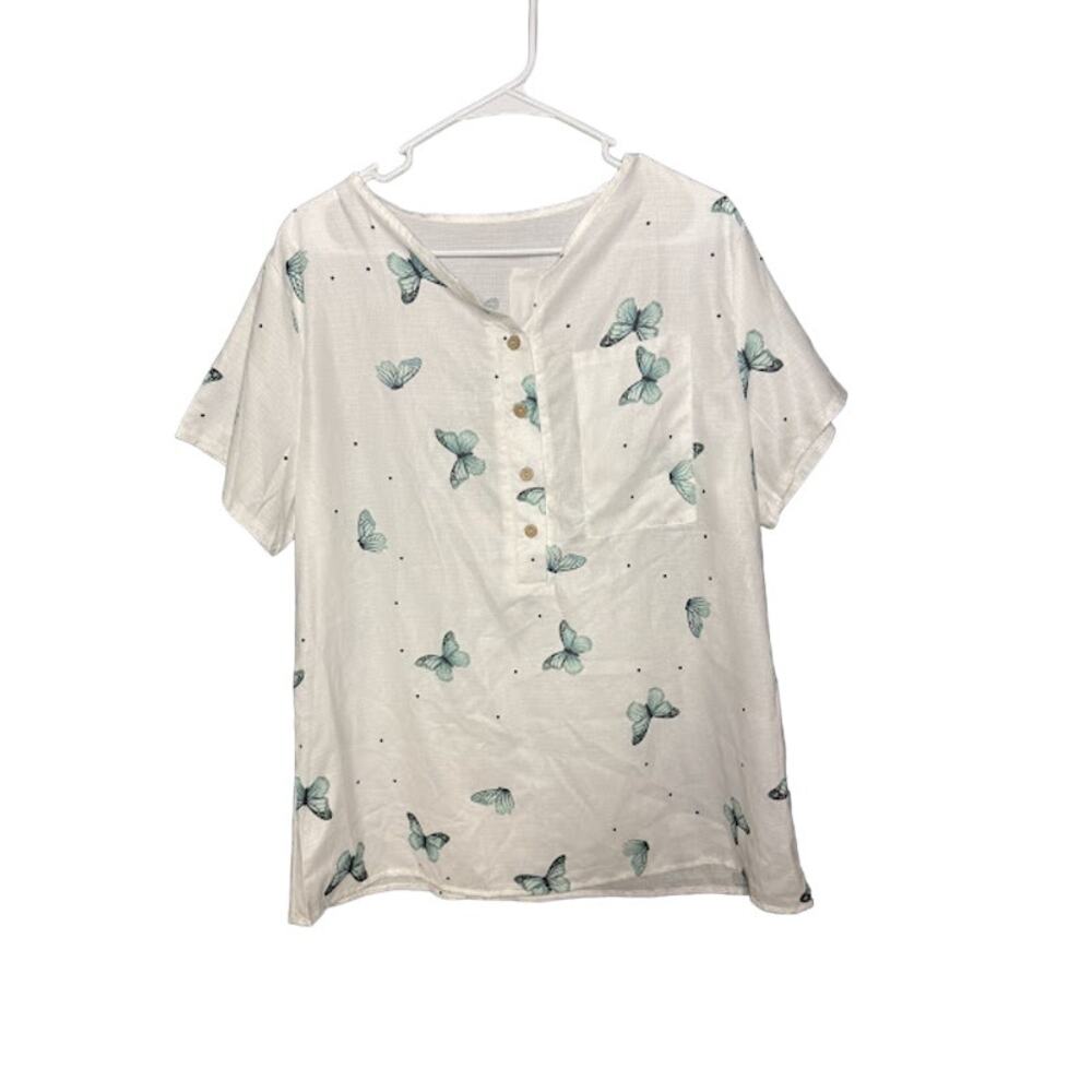 Butterfly Half Button Up XL Sheer Top Boho Preppy Swimsuit Coverup Lightweight